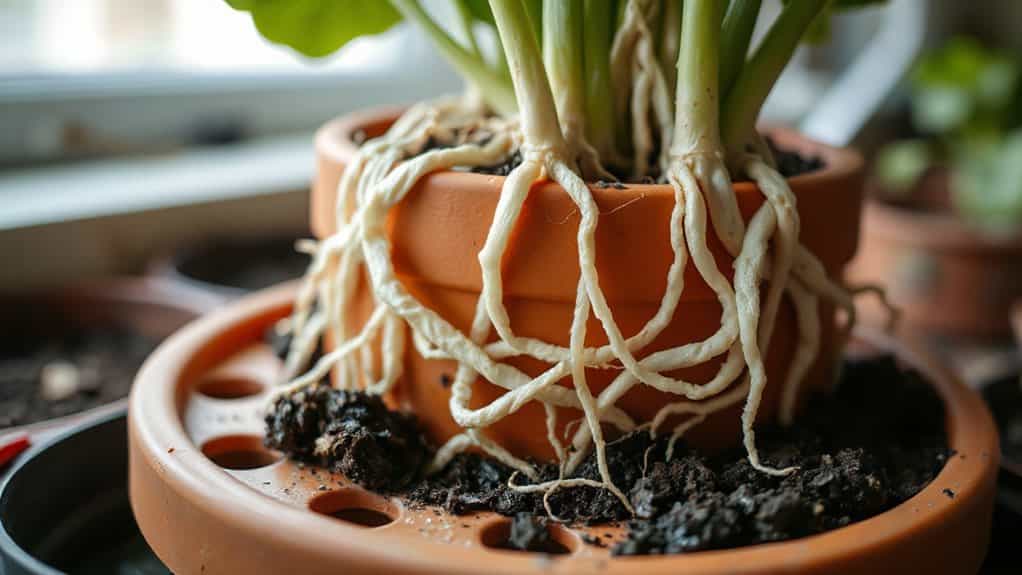 roots emerging through drainage holes