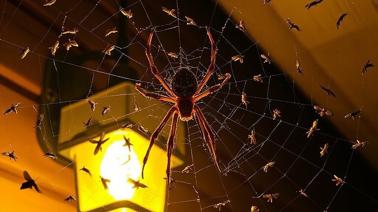 spiders build webs near porchlights