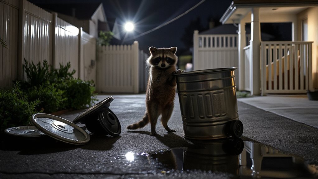 raccoons overturn nighttime trash cans